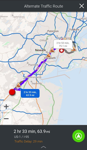 CoPilot screenshot showing traffic and an alternate route