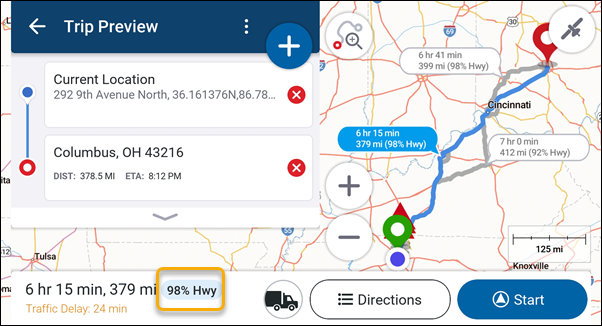 Highway percentage in Trip Preview