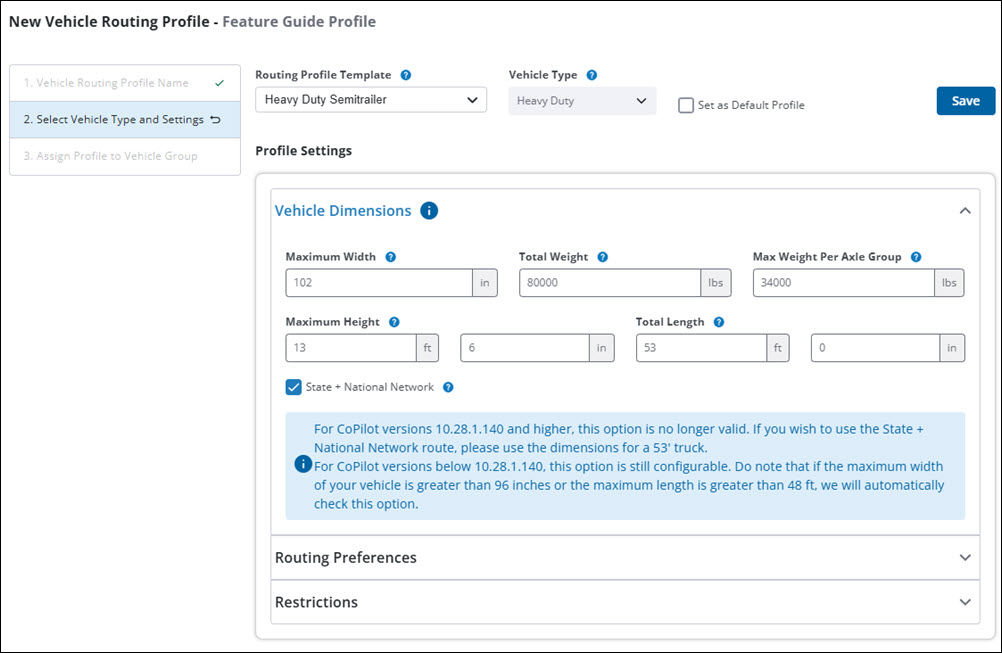 Vehicle Routing Profile Screen